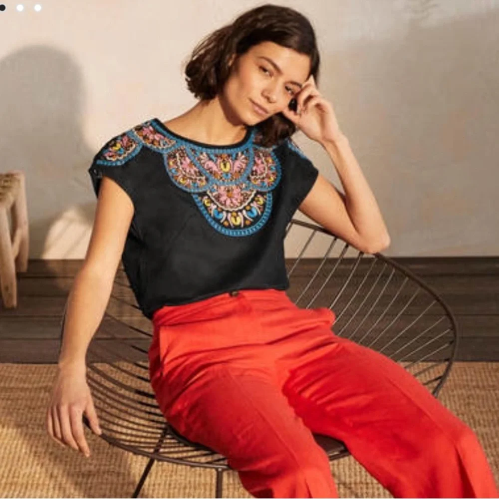 NWOT Boden Fleur Black Linen Embroidered Blouse - Picture 3 of 11